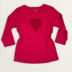 Cold water creek red heart motif long sleeve shirt size L